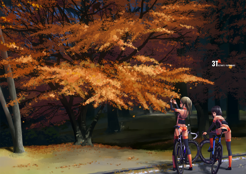 2girls, ass, autumn, bicycle, bike_jersey, black_hair, brown_hair, cellphone