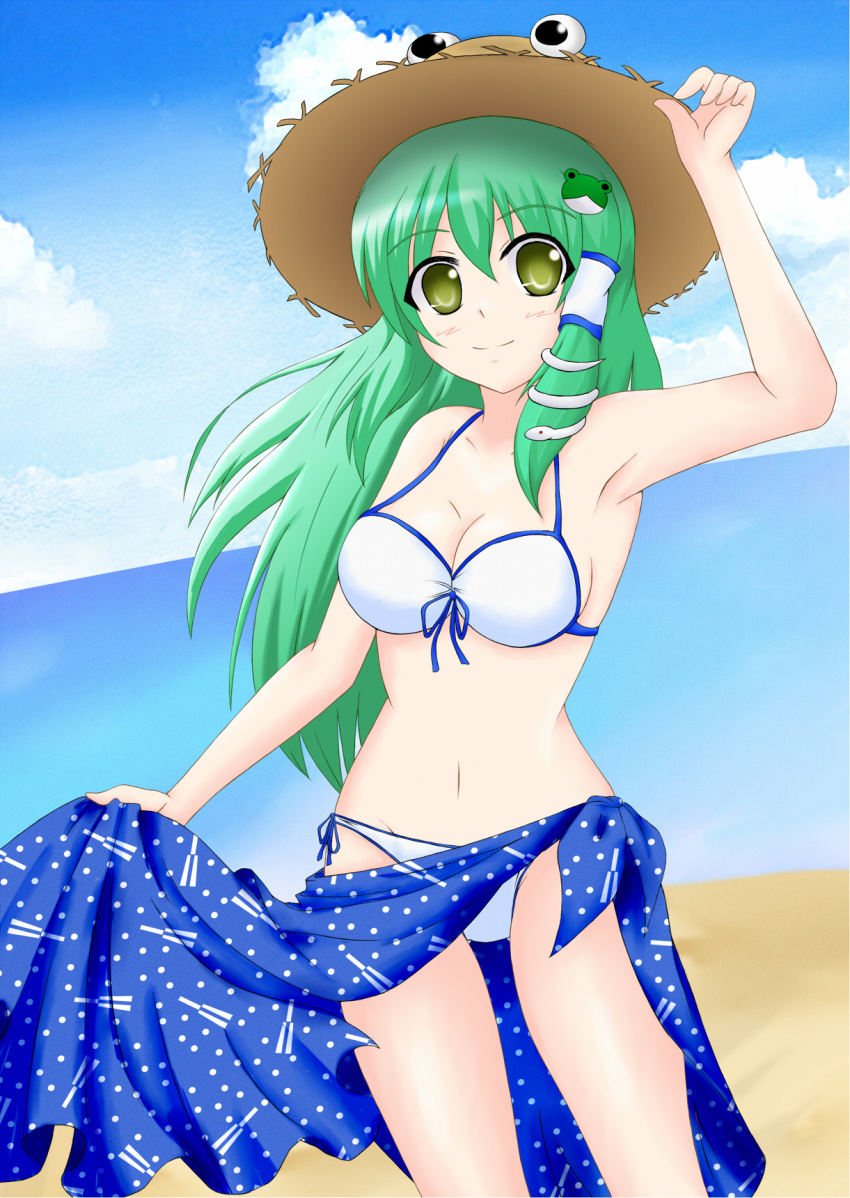 1girl, bikini, eyes, frog, green_eyes, green_hair, hair_ornament, hat