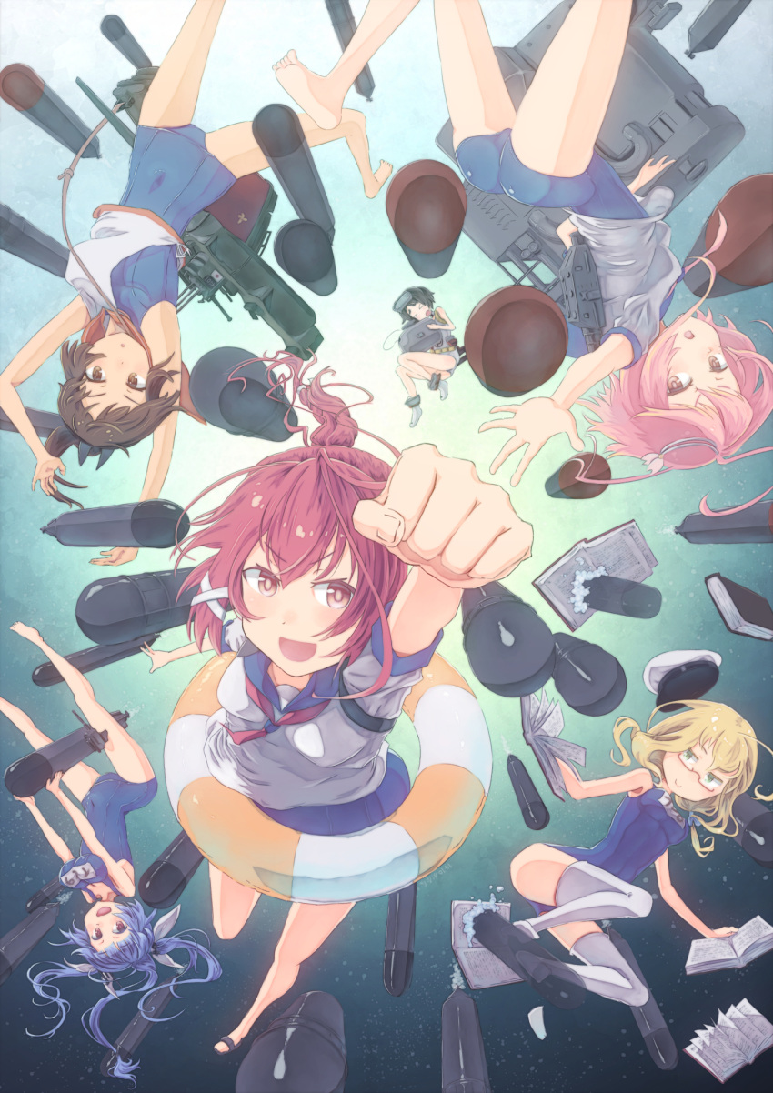 >_<, 6+girls, ahoge, bare_legs, bare_shoulders, barefoot, black_hair, blonde_hair