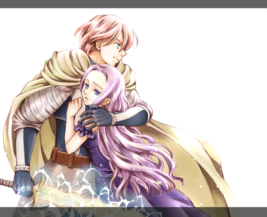 1boy, 1girl, armor, belt, blue_eyes, cape, couple, dress