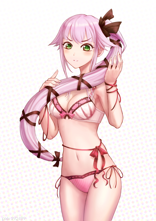 1girl, adjusting_hair, blush, bra, breasts, cleavage, green_eyes, hair_ribbon, ichiban_renga, kantai_collection, lingerie, long_hair, panties, pink_hair, ribbon, side-tie_panties, side_ponytail, simple_background, solo, underwear, white_background, yura_(kantai_collection)