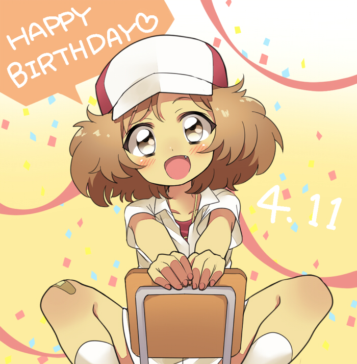 1boy, androgynous, baseball_cap, blush, brown_eyes, brown_hair, dated, fang, happy_birthday, hat, kai_yuujirou, male, msp_sammy, shoes, sneakers, tennis_no_ouji-sama