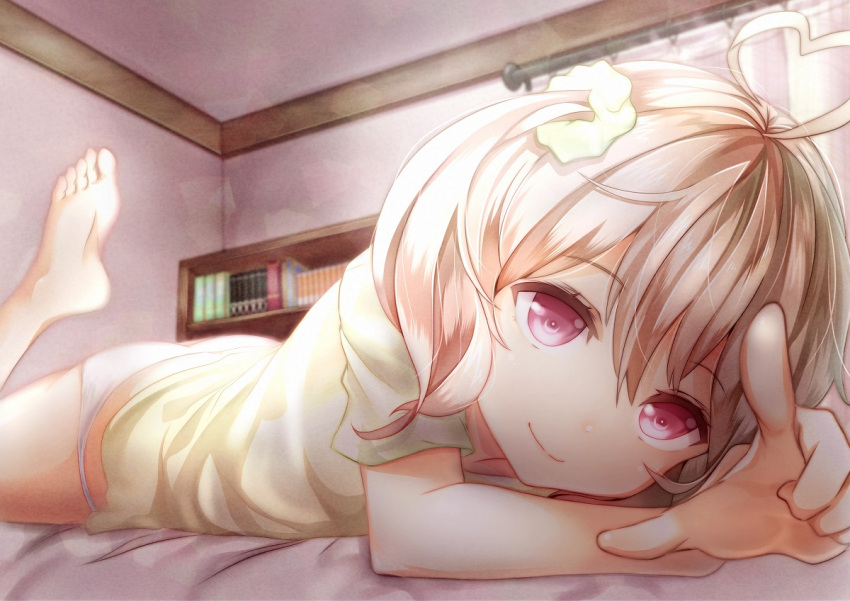 1girl, ahoge, barefoot, bed, book, bookshelf, brown_hair, curtains