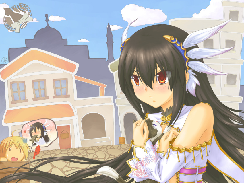 1boy, 1girl, bare_shoulders, black_hair, blush, cat, eating, feathers