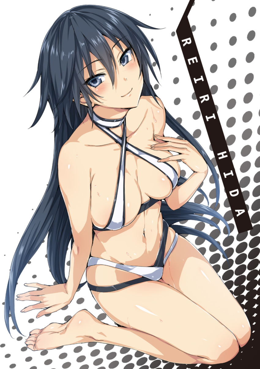 1girl, artist_request, barefoot, black_hair, feet, grey_eyes, hida_reiri, highres