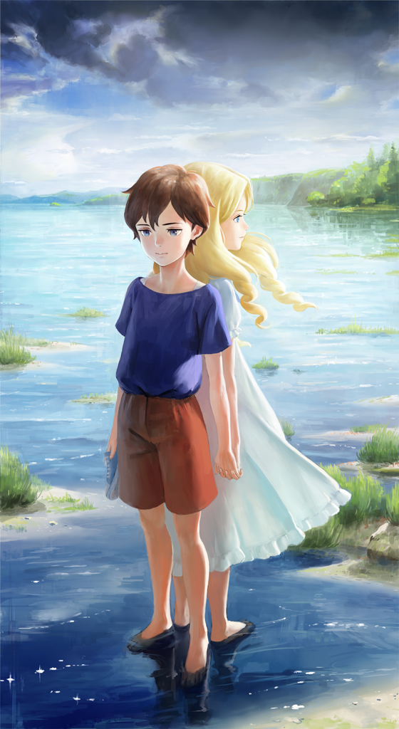 anna_(omoide_no_marnie), back-to-back, barefoot, blonde_hair, blue_eyes, brown_hair, clouds, cloudy_sky