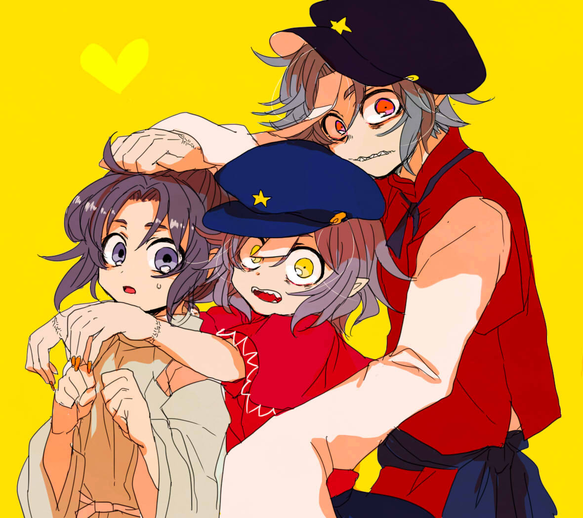 1boy, 2girls, blue_eyes, capelet, genderswap, hat, heart, jiangshi