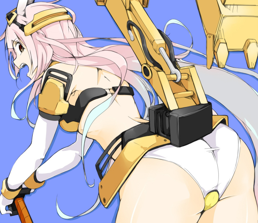 1girl, ass, back, bare_shoulders, blue_background, blue_hair, bracer, choker