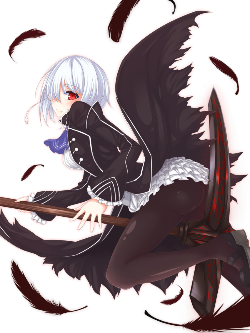 1girl, ascot, ass, black_legwear, blush, coat, dress, feathers