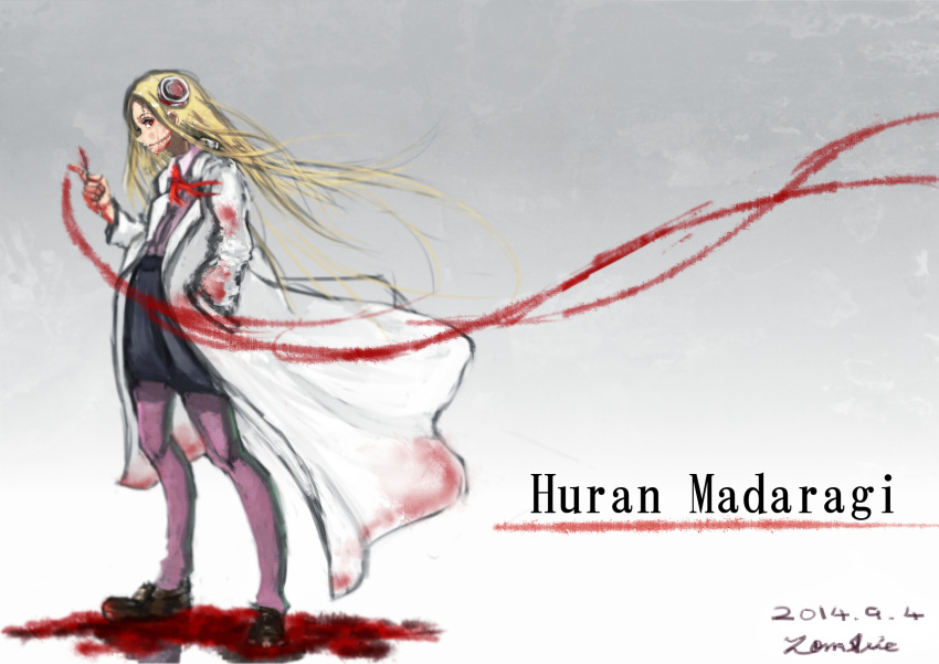 1girl, blonde_hair, blood, bloody_clothes, bolt, character_name, dated, engrish, franken_fran, full_body, hand_in_pocket, highres, labcoat, long_hair, madaraki_fran, pantyhose, ranguage, red_eyes, scalpel, skirt, solo, standing, stitches, zombie_(saketyaduke_umeee)