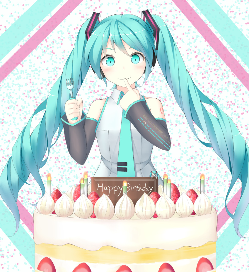 1girl, aqua_eyes, aqua_hair, butatikin, cake, candle, detached_sleeves, finger_to_mouth