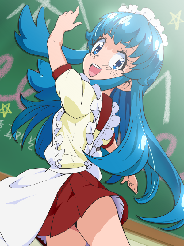 1girl, :d, alternate_costume, apron, blue_eyes, blue_hair, chalkboard, enmaided