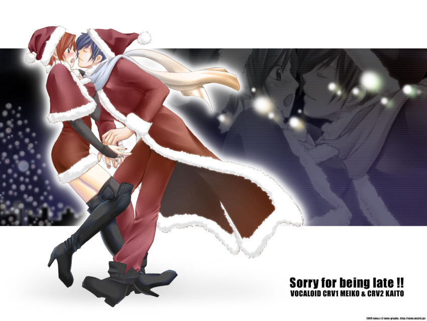 1girl, blue_hair, blush, breasts, brown_hair, christmas, couple, dress