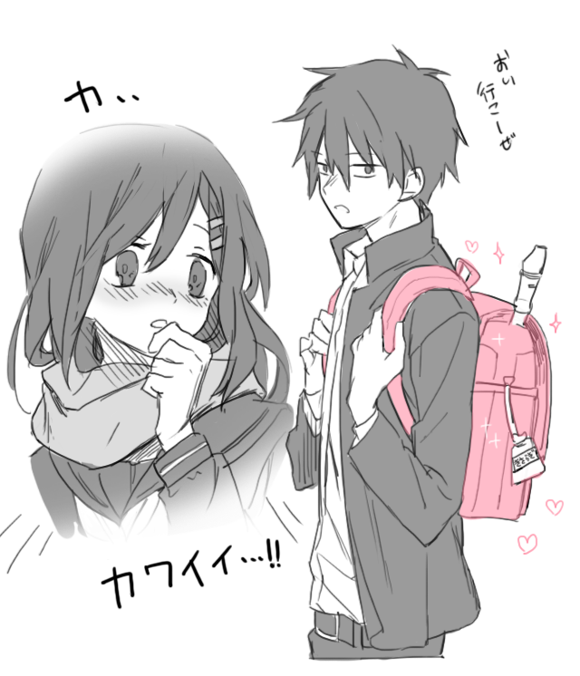 1boy, 1girl, backpack, bag, black_hair, hair_ornament, hairclip, instrument