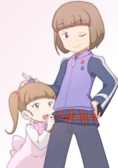 1boy, 1girl, :d, bow, brother_and_sister, brown_eyes, brown_hair, crown