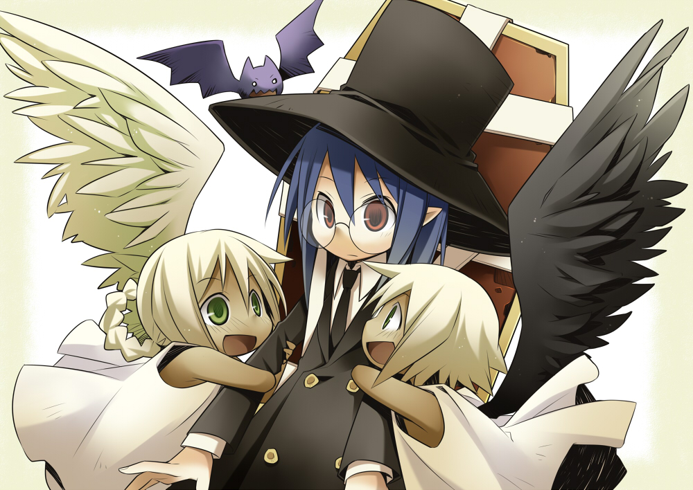 3girls, arm_holding, bat, black_wings, blonde_hair, blue_hair, brown_eyes, coffin