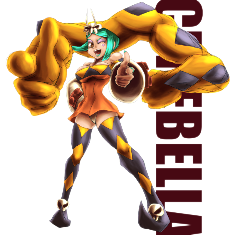1girl, ;), aqua_hair, aqua_nails, bare_shoulders, boots, breasts, cerebella_(skullgirls)