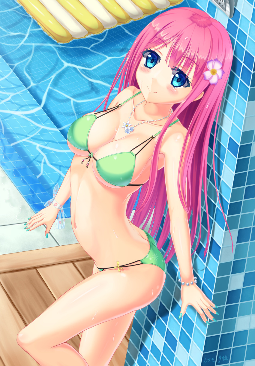 1girl, aqua_nails, bare_shoulders, bikini, blue_eyes, blush, bracelet, breasts, collarbone, flower, green_bikini, hair_flower, hair_ornament, highres, inflatable_raft, jewelry, long_hair, navel, necklace, original, pink_hair, pool, signature, smile, solo, standing, standing_on_one_leg, sweat, swimsuit, yurina