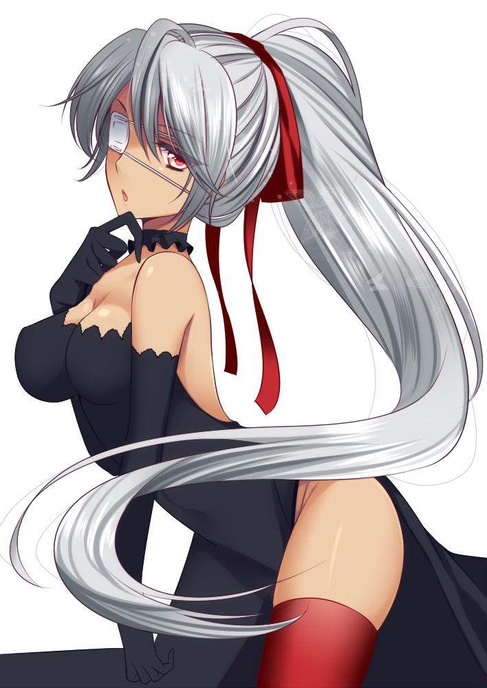 1girl, agekichi_(heart_shape), choker, dress, elbow_gloves, eyepatch, gloves, hair_ribbon