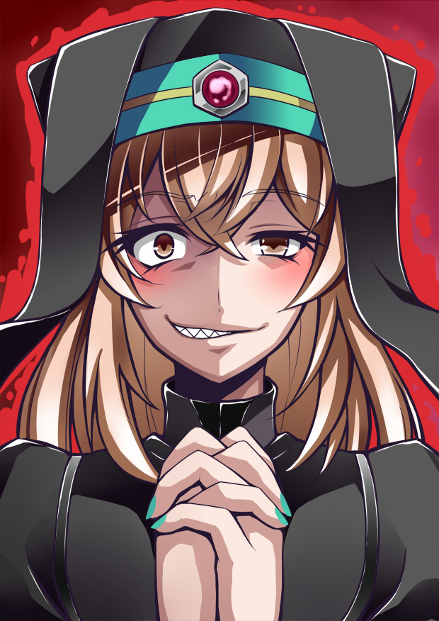 1girl, aqua_nails, blush, brown_eyes, brown_hair, bust, crazy_eyes, crazy_smile, fingernails, habit, hands_clasped, hat, long_hair, looking_at_viewer, nail_polish, offset_spanner_(ole_tower), ole_tower, sharp_teeth, smile, solo, terumin_(yuganda_sebone), uneven_eyes