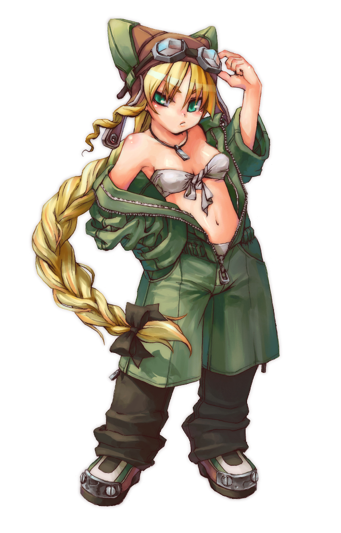 blonde_hair, blush, braid, breasts, cleavage, drill_hair, green_eyes, haruichi_(artist)