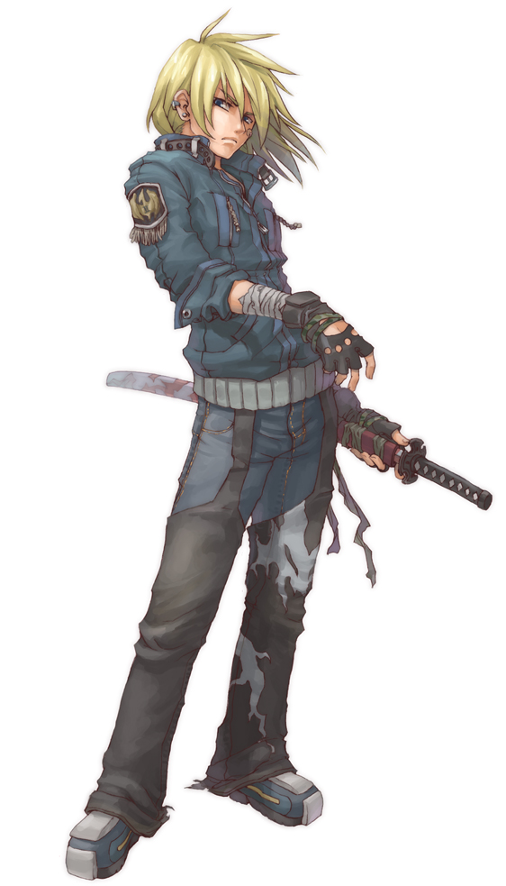 bandage, bandages, belt, blonde_hair, blue_eyes, fingerless_gloves, gloves, haruichi_(artist), male, original, solo, sword, weapon, zipper