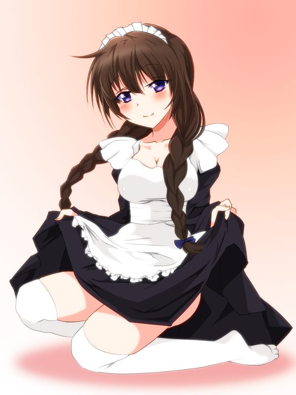 1girl, apron, black_hair, braid, breasts, cleavage, gradient, gradient_background