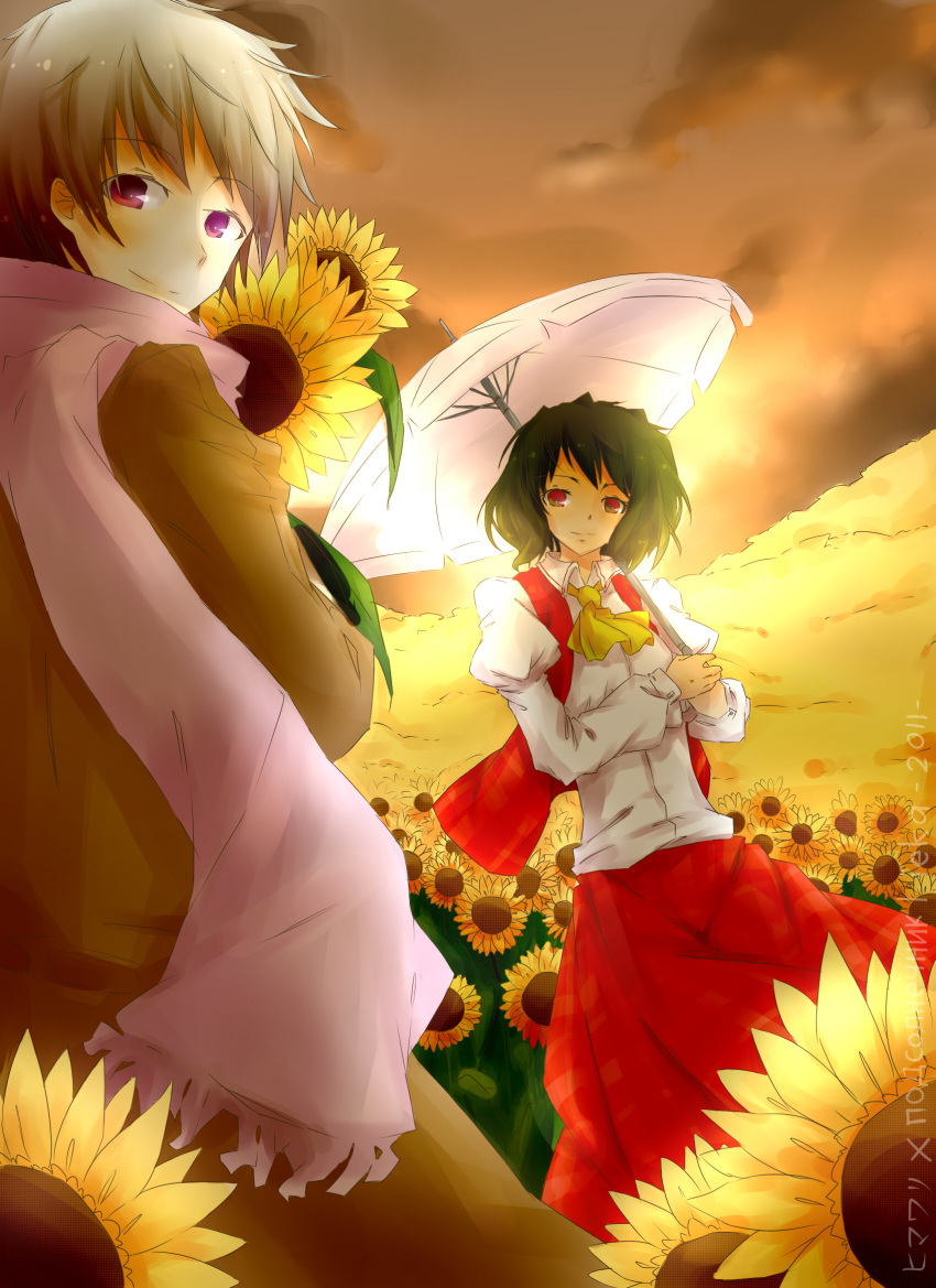 1boy, 1girl, artist_name, ascot, axis_powers_hetalia, clouds, coat, collared_shirt