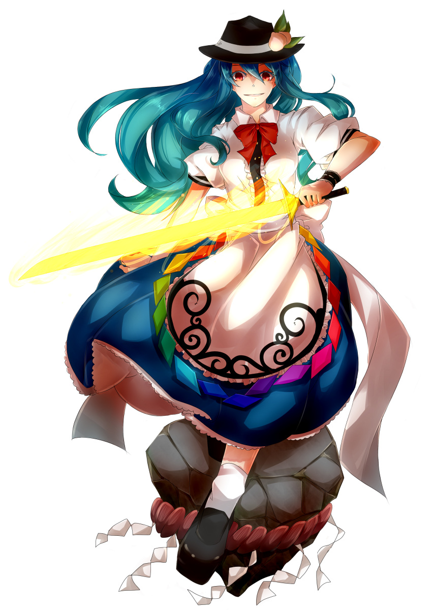 1girl, absurdres, apron, blue_hair, bow, bowtie, collared_shirt, food