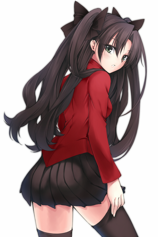 1girl, black_hair, black_legwear, blush, fate/stay_night, fate_(series), green_eyes, hair_ribbon, long_hair, looking_at_viewer, ribbon, simple_background, skirt, solo, thigh-highs, tohsaka_rin, toosaka_rin, two_side_up, utakata_(kochou_no_yume), white_background, zettai_ryouiki