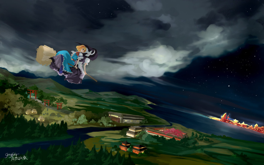 blonde_hair, blue_eyes, broom, broom_riding, flying, grayfair, hairband, hat