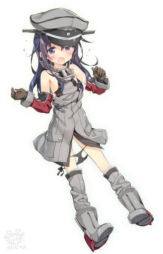 1girl, akatsuki_(kantai_collection), bare_shoulders, bismarck_(kantai_collection), bismarck_(kantai_collection)_(cosplay), black_hair, black_panties, blue_eyes