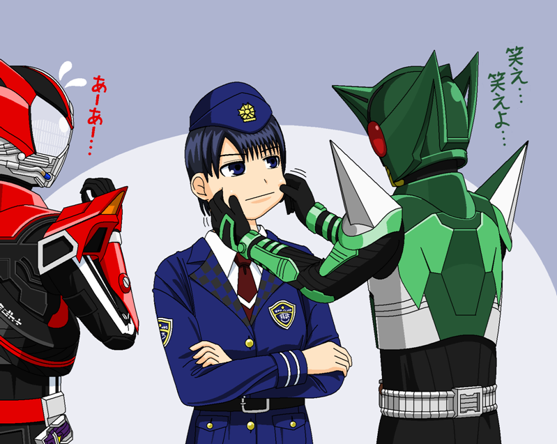 1girl, 2boys, commentary_request, female, kamen_rider, kamen_rider_drive, kamen_rider_drive_(series), kamen_rider_kabuto_(series)