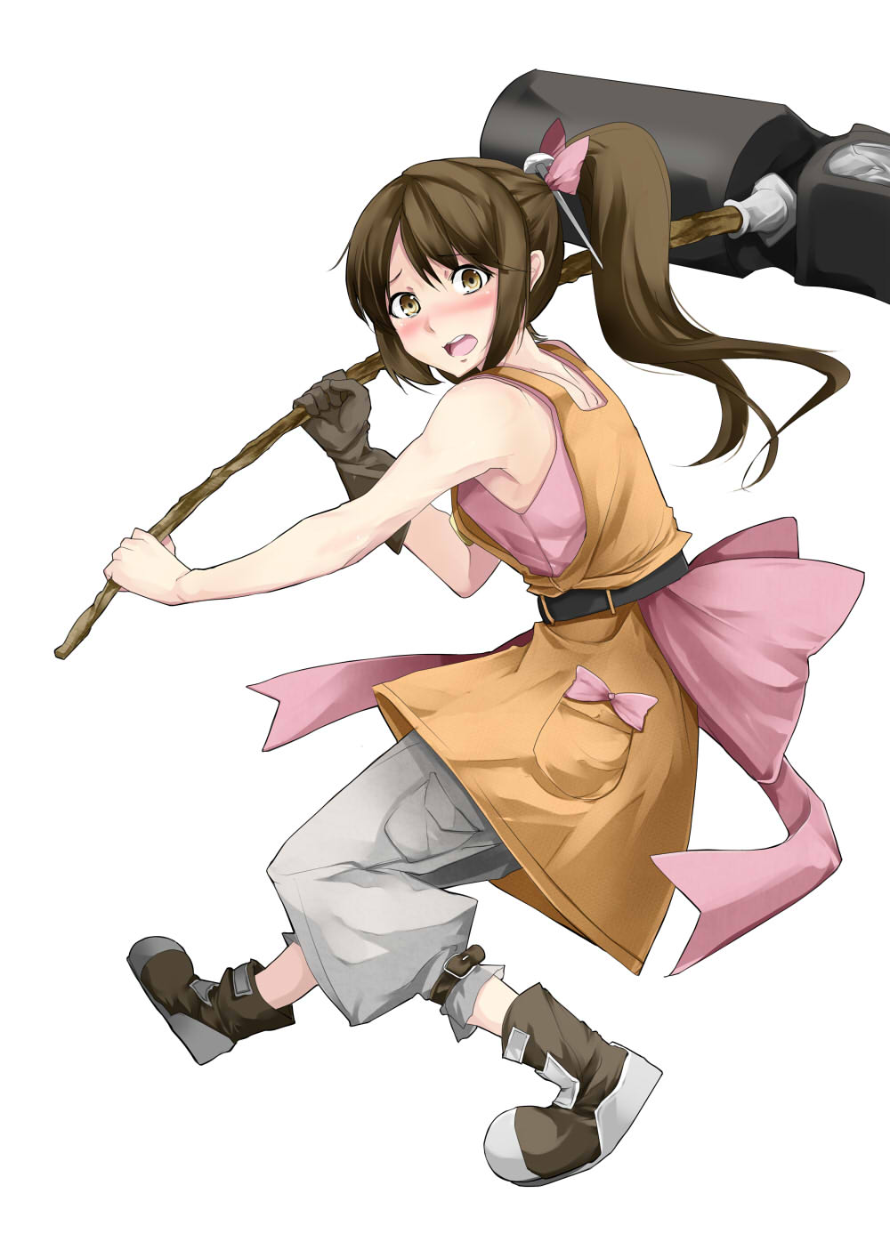 1girl, bare_shoulders, belt, blush, bow, brown_hair, gintenko, gloves