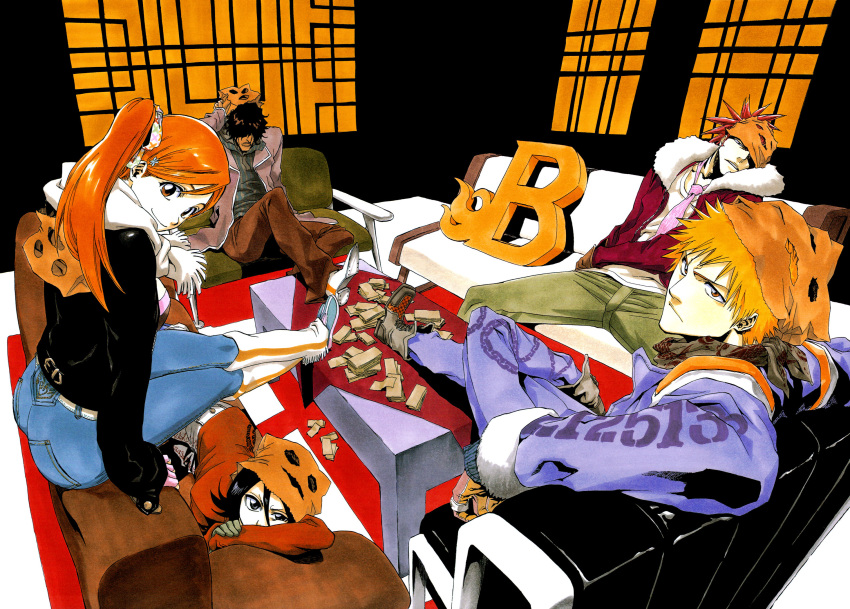 2girls, 3boys, abarai_renji, black_hair, bleach, brown_eyes, closed_mouth, denim, hair_between_eyes, hair_ornament, hair_over_eyes, hairpin, inoue_orihime, jacket, jeans, kuchiki_rukia, kurosaki_ichigo, leg_warmers, long_hair, long_sleeves, necktie, official_art, orange_hair, sado_yasutora, scarf, shoes, short_hair, sitting, tite_kubo, white_scarf