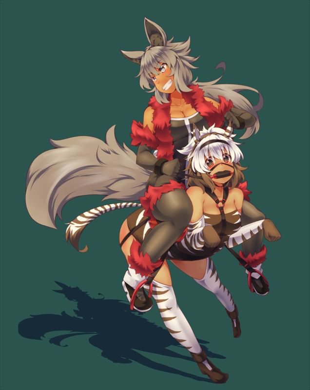 animal_ears, elbow_gloves, gloves, grey_hair, haimiya_eren, kuromiya, long_hair, original, red_eyes, riding, shimamiya_mayuki, short_hair, tail, white_hair