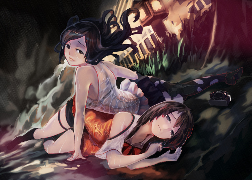 2girls, arm_support, bigegg, black_hair, black_legwear, brown_eyes, brown_hair, camera