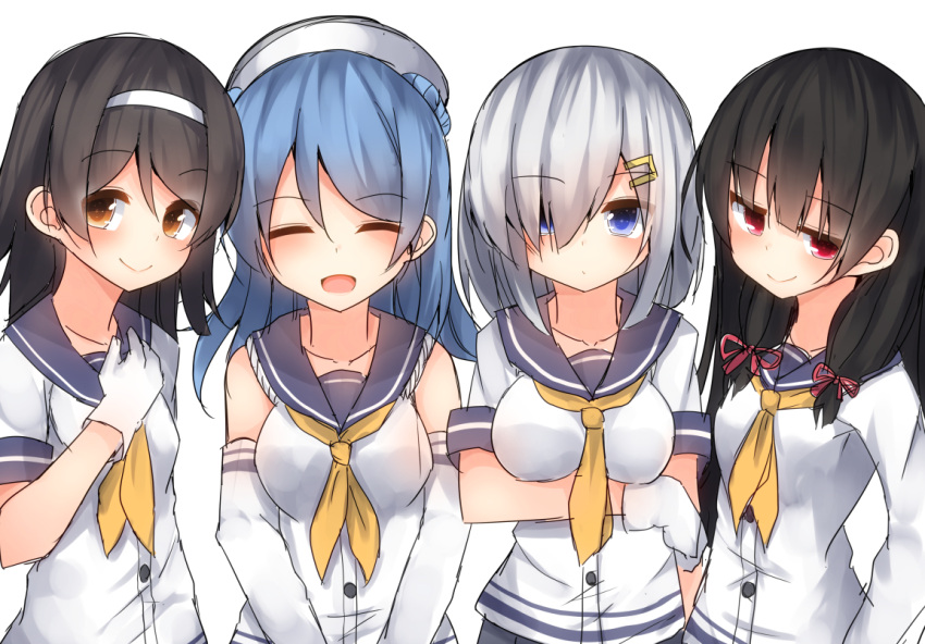 4girls, ^_^, black_hair, blue_hair, blush, breast_hold, breasts, brown_eyes
