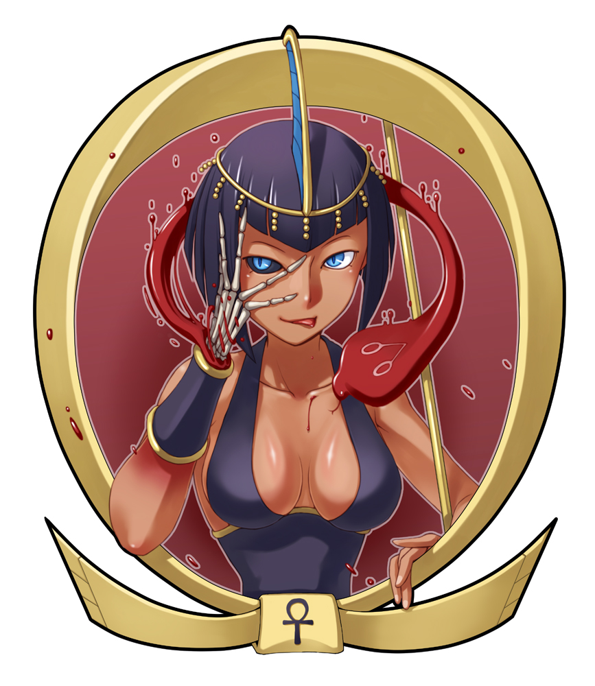 1girl, ankh, black_dress, black_hair, black_sclera, blood, blue_eyes, bob_cut