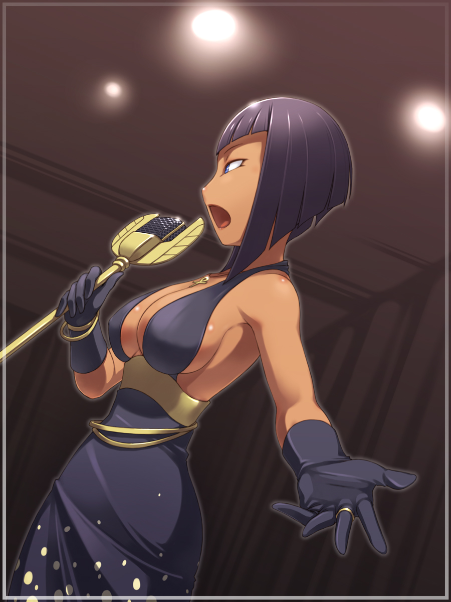 1girl, ankh, bangle, bangs, belly_chain, black_dress, black_gloves, black_hair, blue_eyes, blunt_bangs, bob_cut, border, bracelet, breasts, dark_skin, dress, eliza_(skullgirls), eyeliner, ginger_(pixiv), gloves, highres, jewelry, large_breasts, makeup, microphone, microphone_stand, necklace, no_headwear, open_mouth, ring, short_hair, sideboob, singing, skullgirls, solo