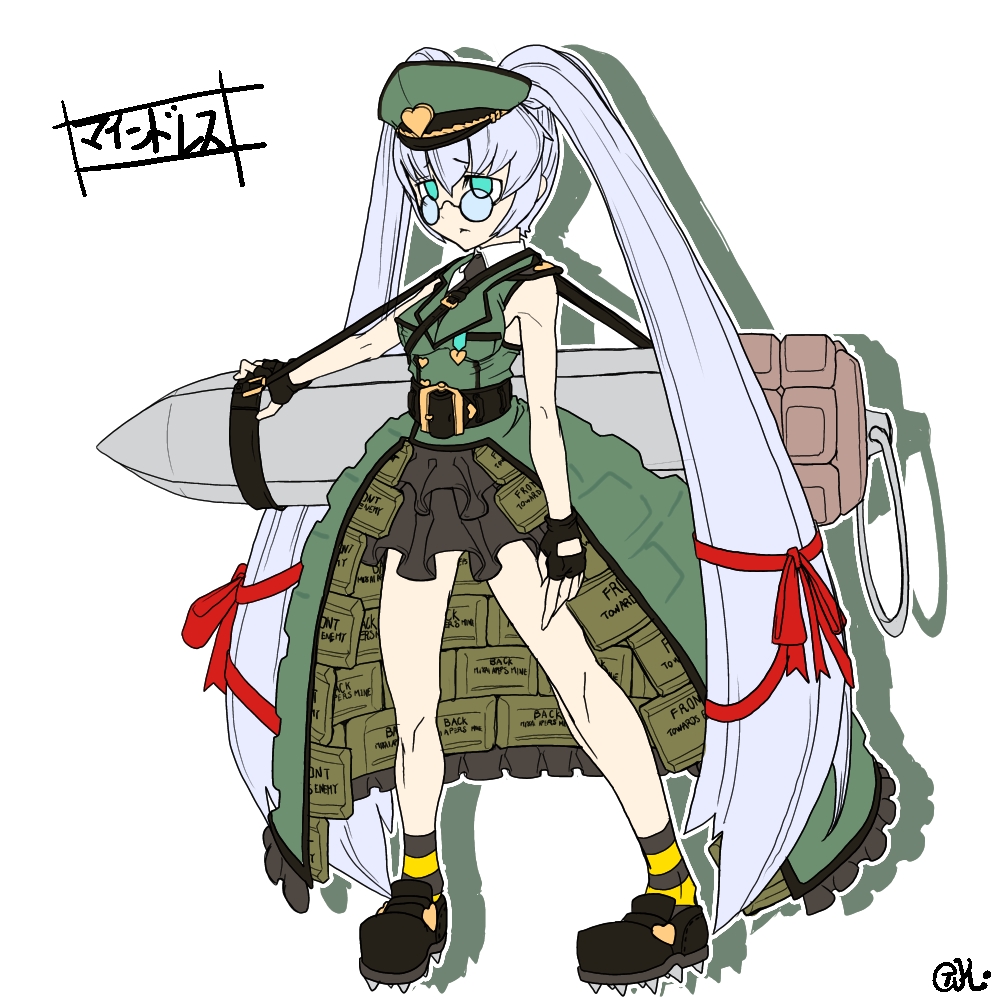 1girl, breasts, fingerless_gloves, glasses, gloves, hat, heart, long_hair, mindress_(t.a.k.), original, simple_background, solo, t.a.k., twintails, very_long_hair, white_background