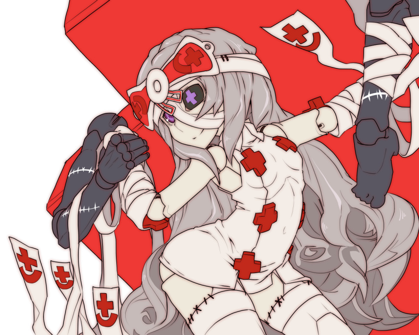 1girl, aidress_(t.a.k.), eyepatch, long_hair, original, simple_background, smile, solo, t.a.k., very_long_hair, violet_eyes, white_background