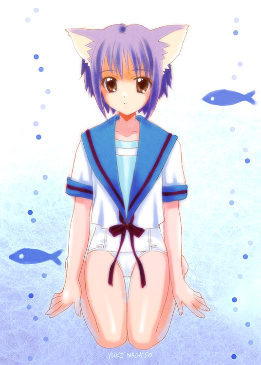 bare_feet, brown_eyes, cat_ears, fish, kneeling, nagato_yuki, no_pants, purple_hair