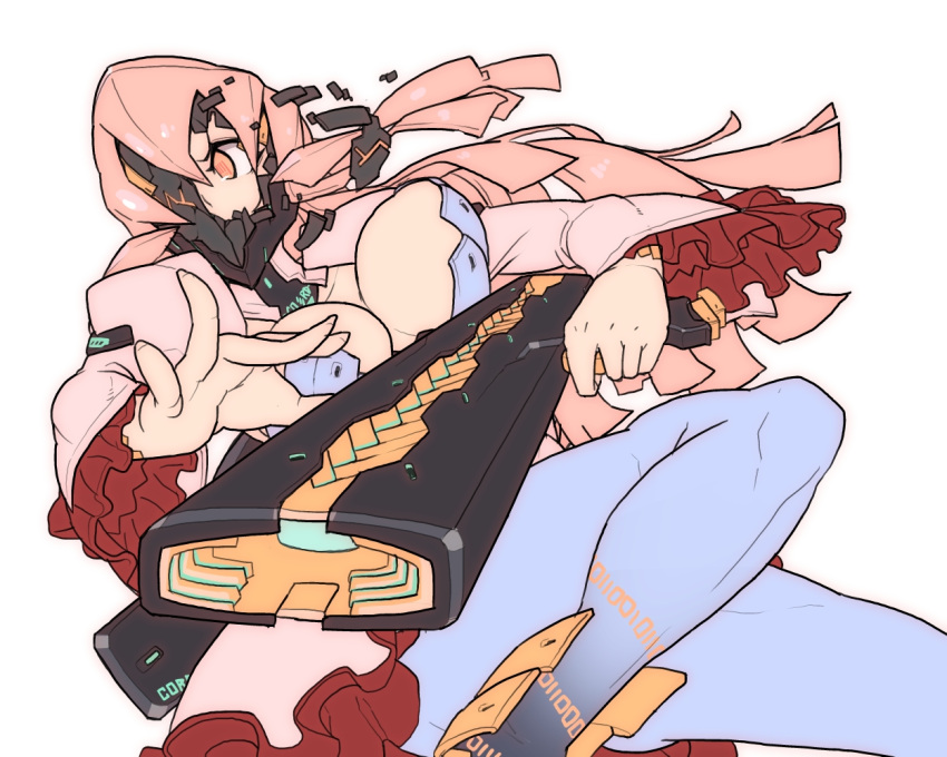 1girl, breasts, cordress_(t.a.k.), gun, large_breasts, long_hair, original, simple_background, solo, t.a.k., weapon, white_background