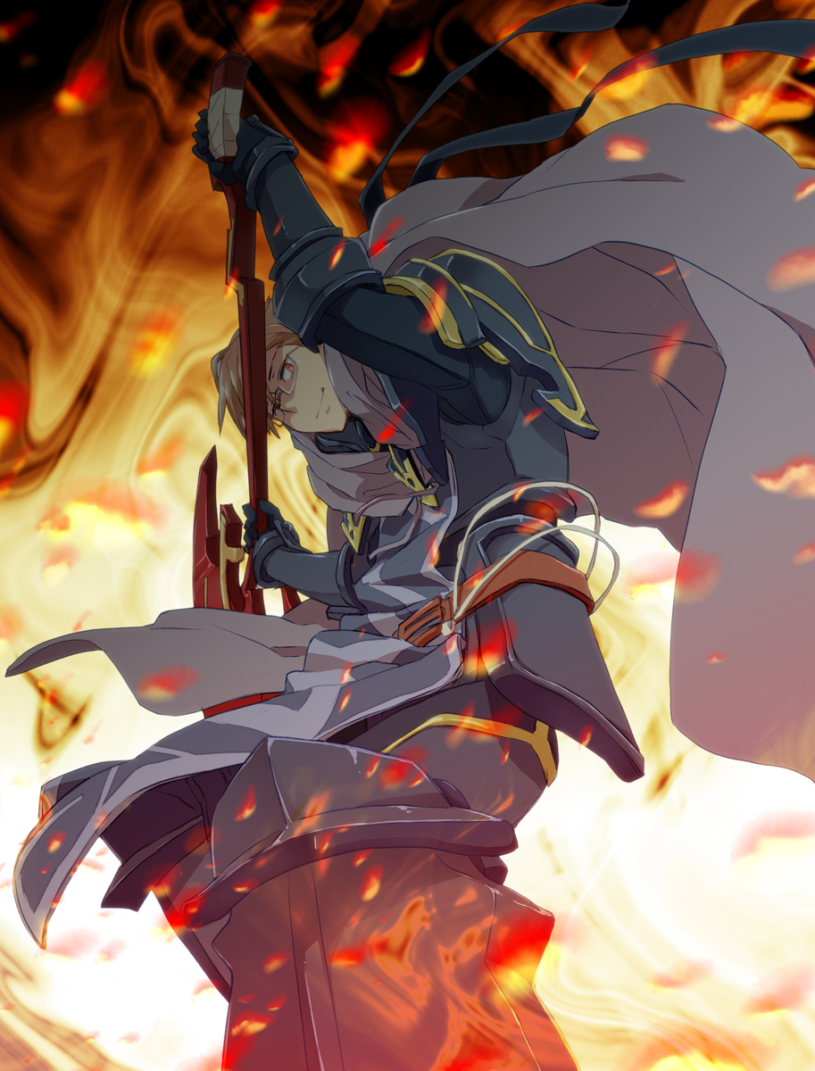 armor, axe, cape, crusty_(log_horizon), glasses, hamano_makoto, highres, log_horizon, orange_hair, red_eyes, short_hair, weapon