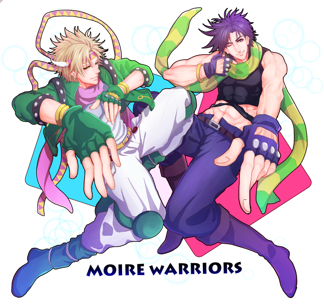 2boys, blonde_hair, boots, caesar_anthonio_zeppeli, feathers, fingerless_gloves, gloves, green_jacket, hair_feathers, headban, headband, jacket, jojo_no_kimyou_na_bouken, joseph_joestar_(young), kedouinkororu, knee_pads, midriff, multiple_boys, pointing, purple_hair, scarf