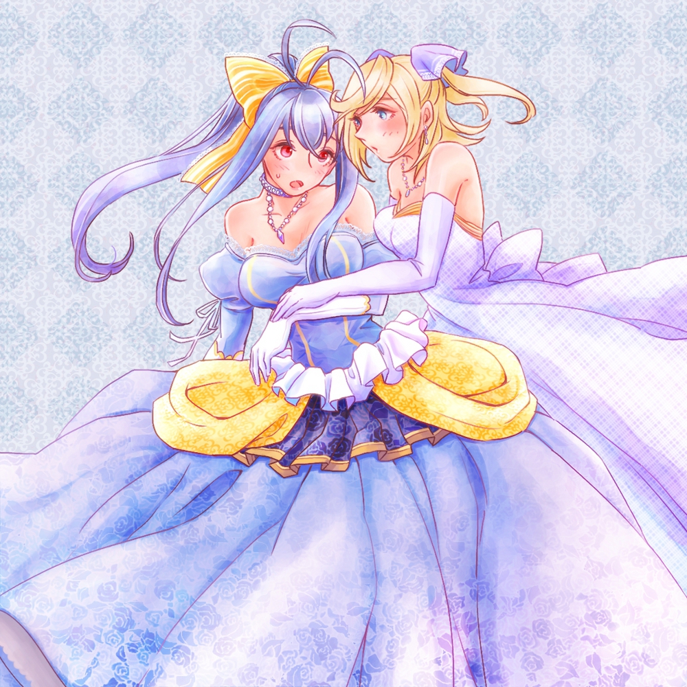 2girls, antenna_hair, bare_shoulders, blazblue, blazblue_remix_heart, blonde_hair, blue_eyes, blue_hair