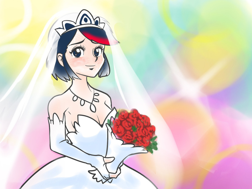 1girl, bare_shoulders, black_hair, blush, bouquet, breasts, bridal_veil, cleavage