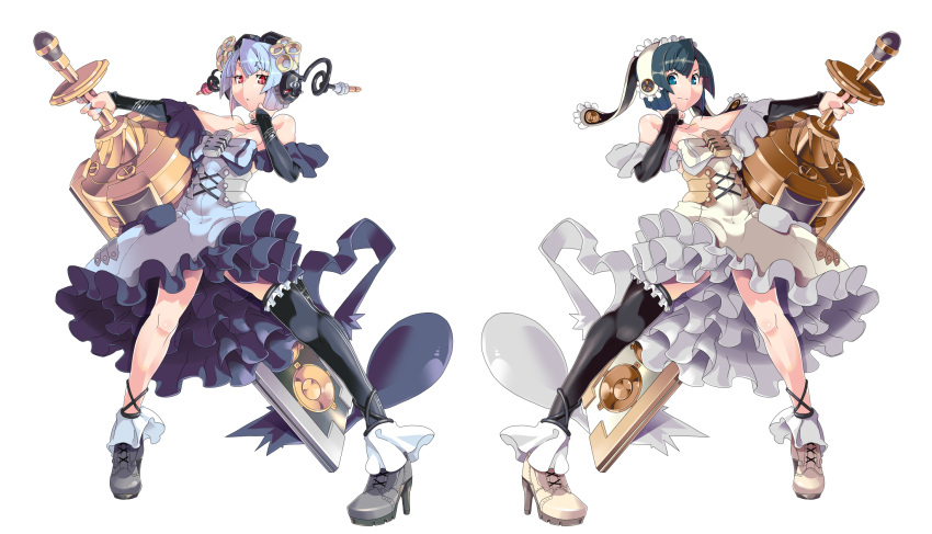 2girls, black_legwear, blue_hair, highres, huge_weapon, looking_at_viewer, multiple_girls, original