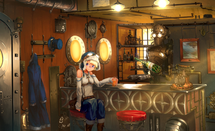 1girl, bag, bandaid, bandaid_on_nose, bar, bare_shoulders, belt, blimp, blonde_hair, boots, bottle, clock, coat, cup, detached_sleeves, dirigible, door, drink, fur_hat, gears, goggles, hat, hat_rack, highres, holding, kaatoso, lightbulb, original, painting_(object), pants, phone, ribbed_sweater, robot, rotary_phone, round_window, short_hair, sitting, smile, steampunk, stool, sweater, violet_eyes